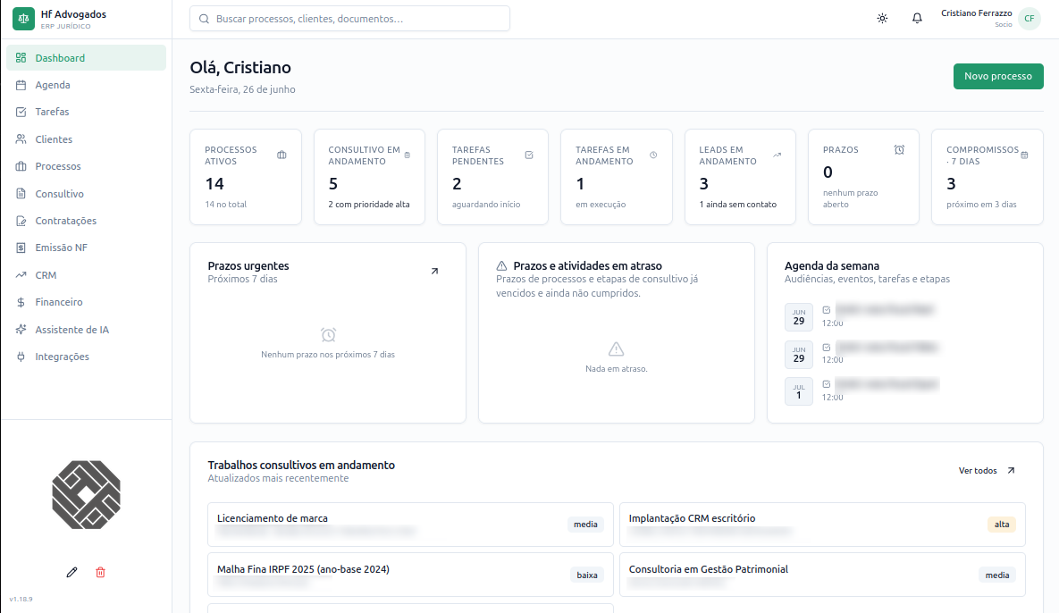 Dashboard do ERP Jurídico